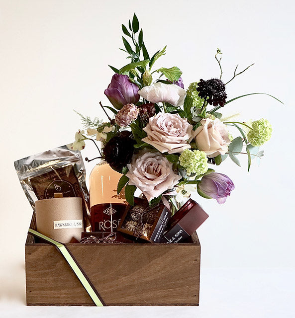 Hawkridge & Sons x Foxgloves & Folly Gift Box rosé wine and flower j